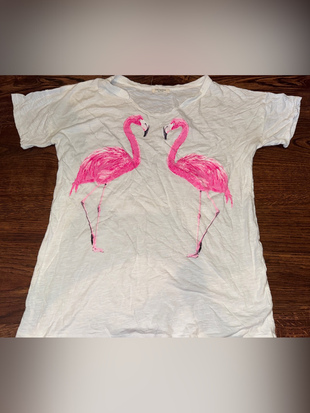 Promesa White Tee with Pink Flamingo Pair Graphic
